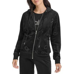 Calvin Klein Womens Sequin-Logo Velour Zip-Front Hoodie X-Small Black - NWT $89